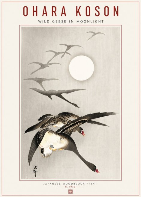 Ohara Koson Wild Geese in Moonlight I No5 - Juliste