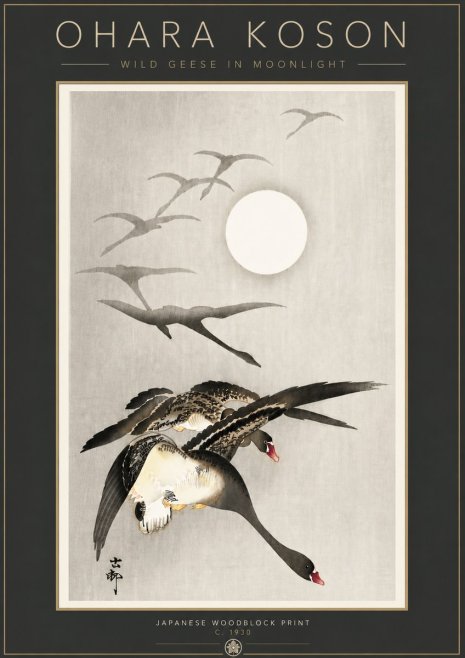 Ohara Koson Wild Geese in Moonlight I No6 - Juliste