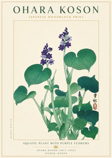 Ohara Koson Aquatic Plant with Purple Flowers No6 - Juliste