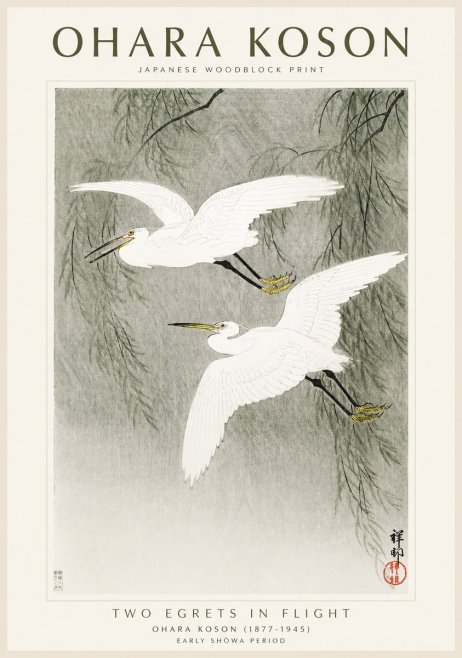 Ohara Koson Two Egrets in Flight No1 - Juliste