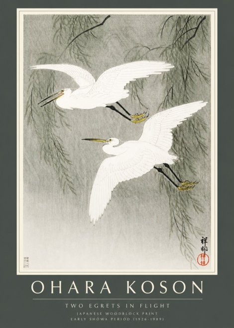 Ohara Koson Two Egrets in Flight No2 - Juliste