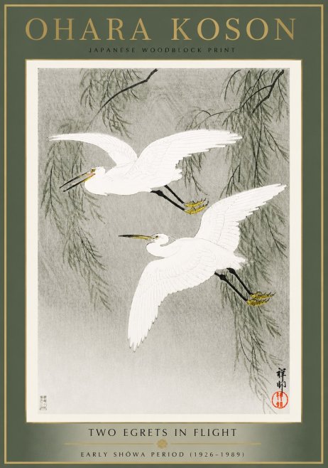 Ohara Koson Two Egrets in Flight No4 - Juliste