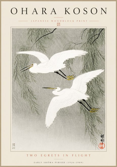 Ohara Koson Two Egrets in Flight No5 - Juliste