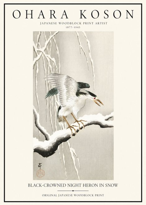 Ohara Koson Black-crowned Night Heron in Snow No1 - Juliste