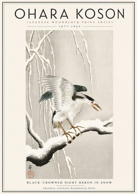 Ohara Koson Black-crowned Night Heron in Snow No3 - Juliste