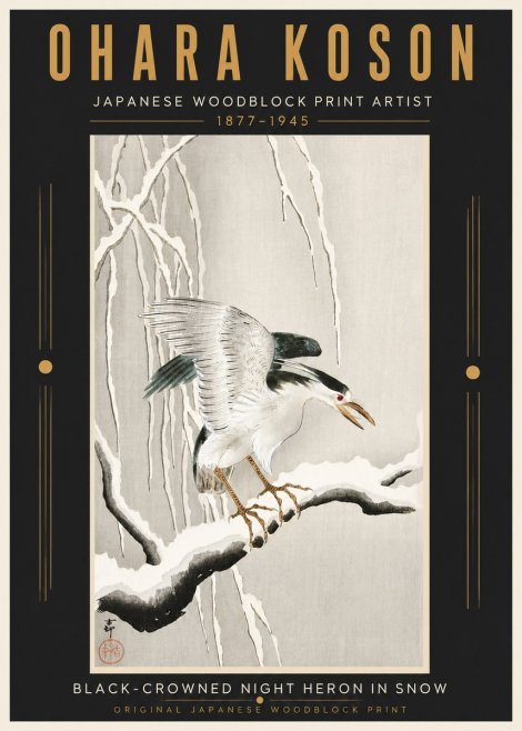Ohara Koson Black-crowned Night Heron in Snow No5 - Juliste