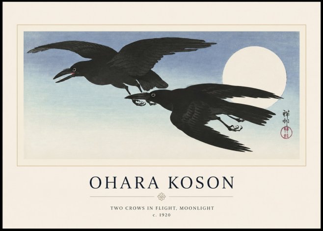 Ohara Koson Two Crows in Flight, Moonlight No1 - Juliste