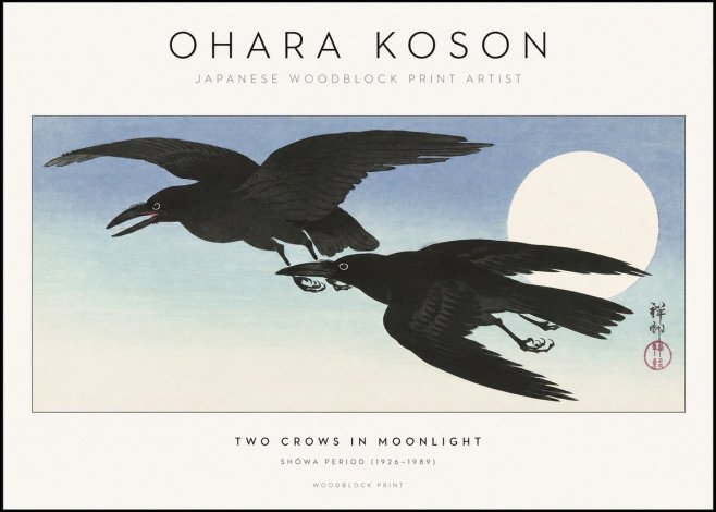 Ohara Koson Two Crows in Flight, Moonlight No2 - Juliste