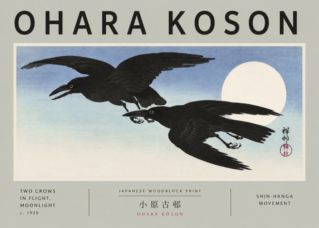 Ohara Koson Two Crows in Flight, Moonlight No5 - Juliste