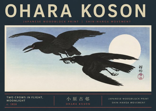 Ohara Koson Two Crows in Flight, Moonlight No6 - Juliste