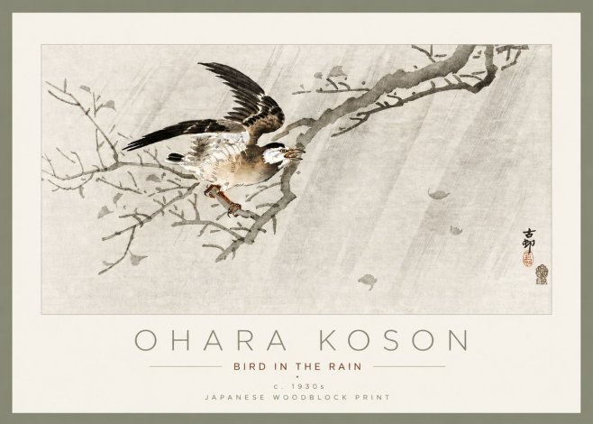Ohara Koson Bird in the Rain No3 - Juliste