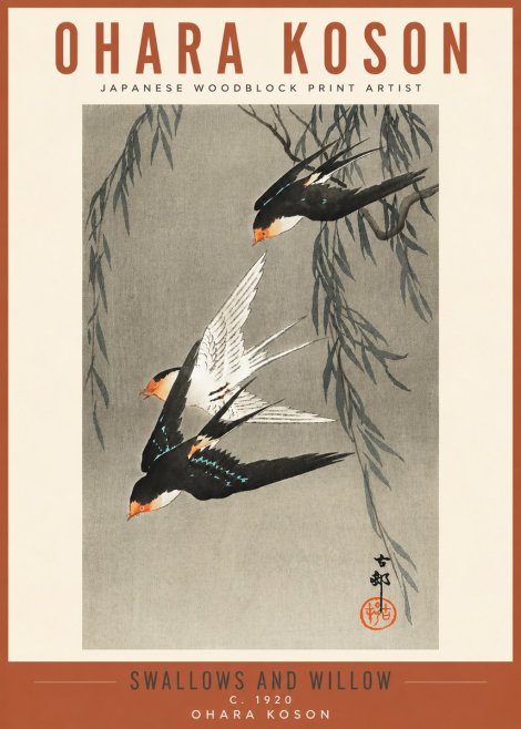 Ohara Koson Swallows and Willow II No3 - Juliste