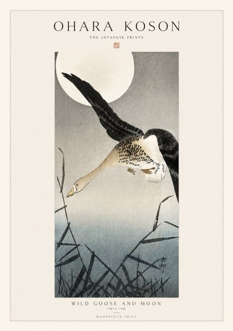 Ohara Koson Wild Goose and Moon No1 - Juliste