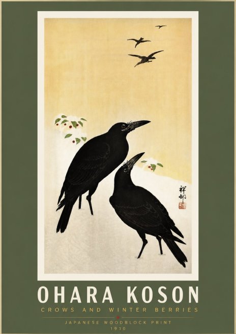 Ohara Koson Crows and Winter Berries No5 - Juliste