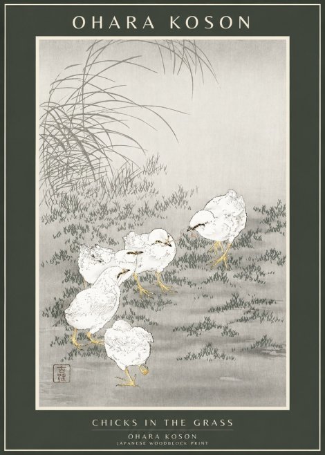 Ohara Koson Chicks in the Grass No1 - Juliste