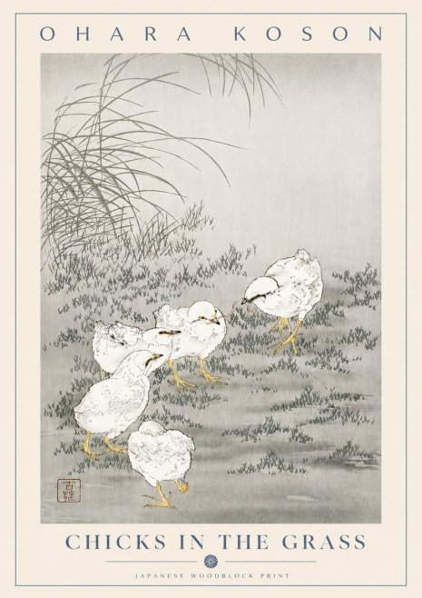 Ohara Koson Chicks in the Grass No2 - Juliste