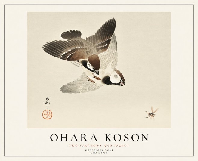 Ohara Koson Two Sparrows and Insect No1 - Juliste