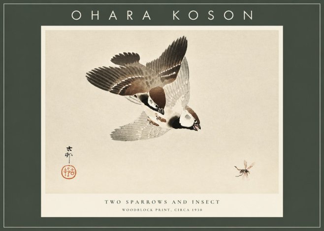 Ohara Koson Two Sparrows and Insect No2 - Juliste