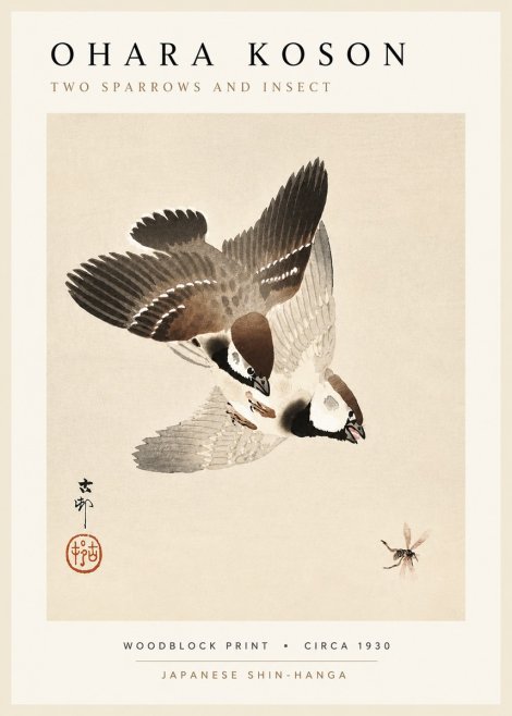 Ohara Koson Two Sparrows and Insect No5 - Juliste