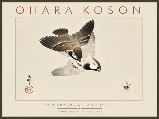 Ohara Koson Two Sparrows and Insect No6 - Juliste