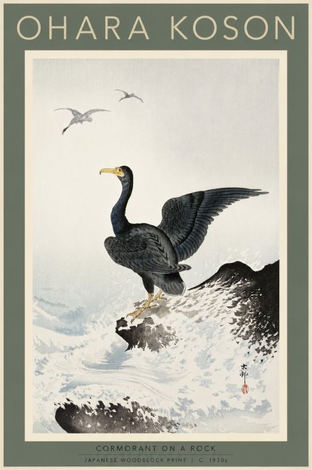 Ohara Koson Cormorant on a Rock No5 - Juliste