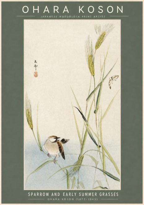 Ohara Koson Sparrow and Early Summer Grasses No2 - Juliste