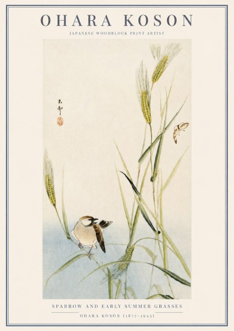 Ohara Koson Sparrow and Early Summer Grasses No3 - Juliste