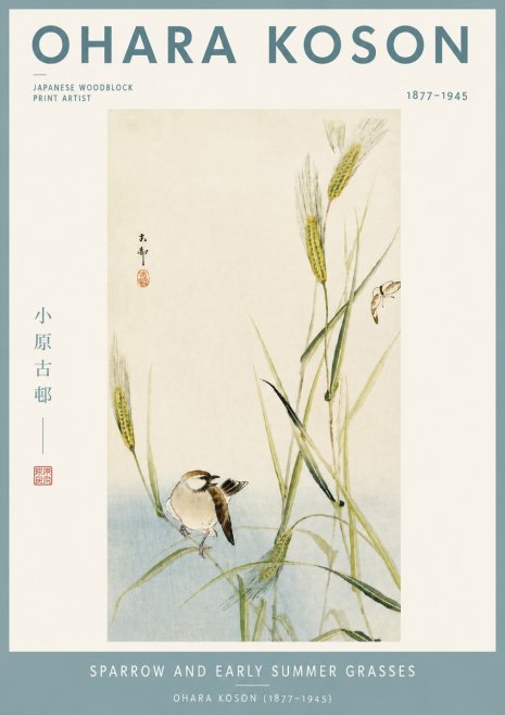 Ohara Koson Sparrow and Early Summer Grasses No4 - Juliste