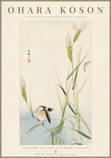 Ohara Koson Sparrow and Early Summer Grasses No5 - Juliste