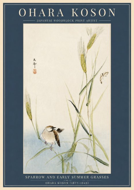 Ohara Koson Sparrow and Early Summer Grasses No6 - Juliste