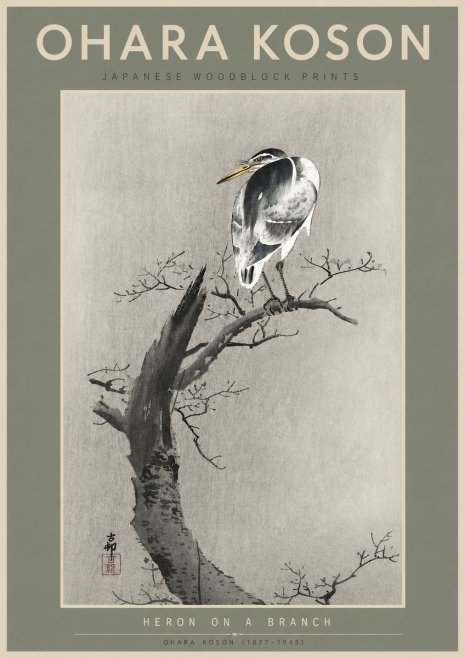 Ohara Koson Heron on a Branch No6 - Juliste