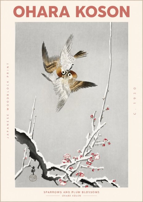 Ohara Koson Sparrows and Plum Blossoms No2 - Juliste