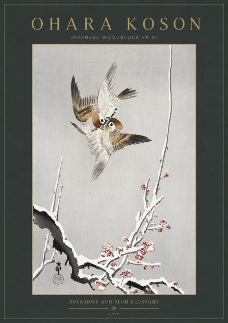 Ohara Koson Sparrows and Plum Blossoms No3 - Juliste