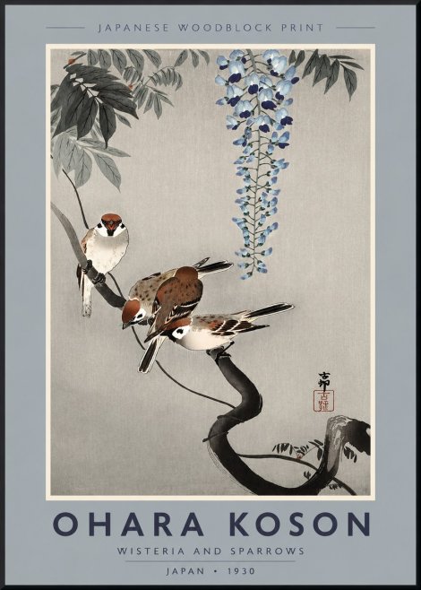 Ohara Koson Wisteria and Sparrows No2 - Juliste