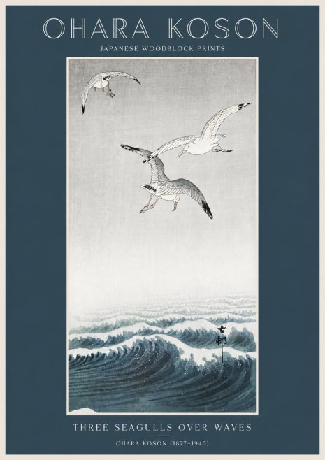 Ohara Koson Three Seagulls over Waves No2 - Juliste