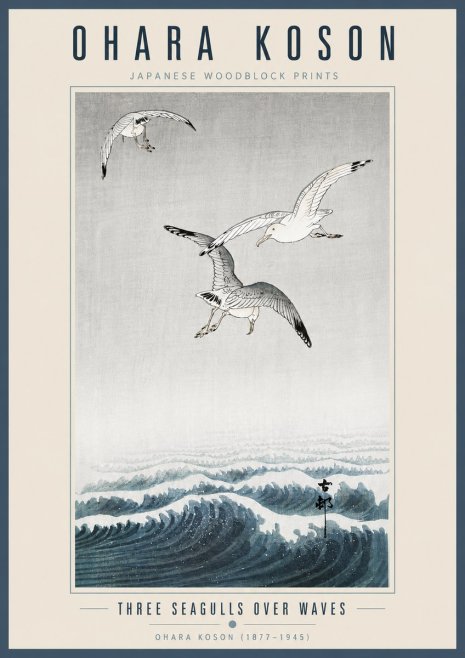 Ohara Koson Three Seagulls over Waves No5 - Juliste