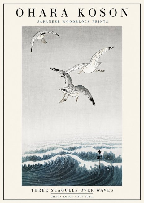 Ohara Koson Three Seagulls over Waves No6 - Juliste