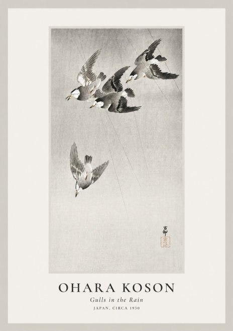 Ohara Koson Gulls in the Rain No1 - Juliste