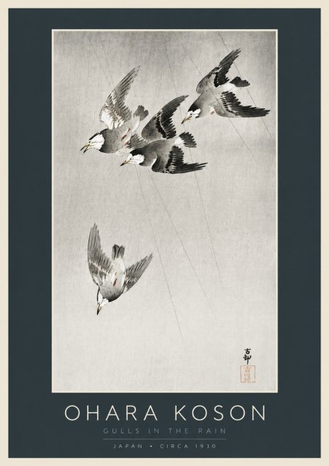 Ohara Koson Gulls in the Rain No2 - Juliste