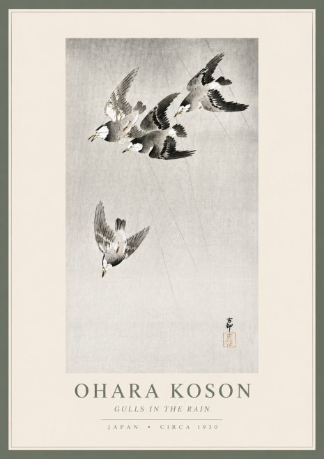 Ohara Koson Gulls in the Rain No4 - Juliste