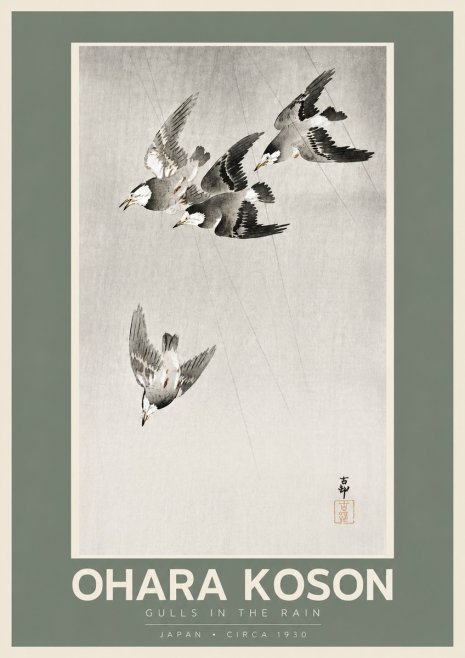 Ohara Koson Gulls in the Rain No5 - Juliste