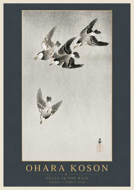 Ohara Koson Gulls in the Rain No6 - Juliste