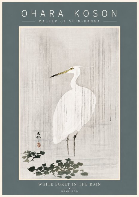 Ohara Koson White Egret in the Rain No5 - Juliste