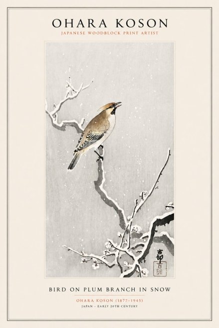 Ohara Koson Bird on Plum Branch in Snow No1 - Juliste