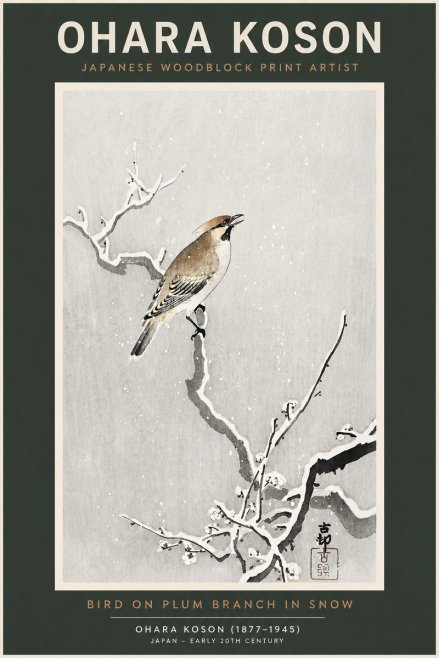 Ohara Koson Bird on Plum Branch in Snow No2 - Juliste