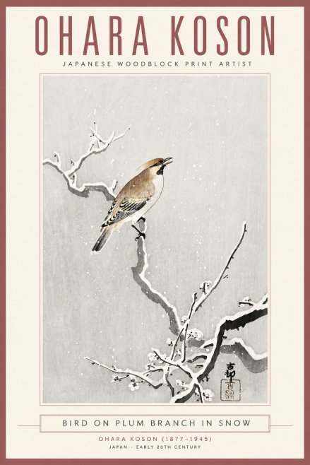 Ohara Koson Bird on Plum Branch in Snow No4 - Juliste