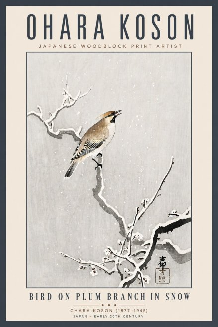 Ohara Koson Bird on Plum Branch in Snow No5 - Juliste
