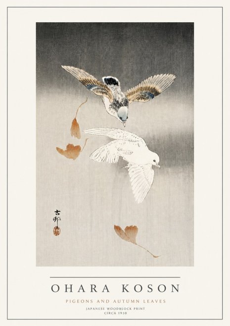 Ohara Koson Pigeons and Autumn Leaves No4 - Juliste