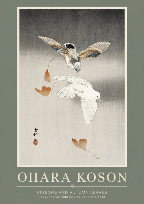 Ohara Koson Pigeons and Autumn Leaves No5 - Juliste