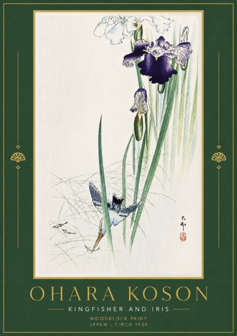 Ohara Koson Kingfisher and Iris No6 - Juliste
